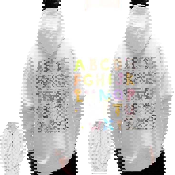 ABC Animals Alphabet Graphic Boys Girls Kindergarten Teacher Men Zip Up Hoodie Back Print