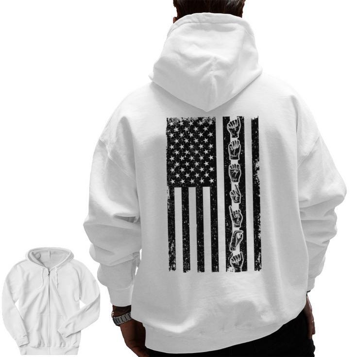 ASL Flag Sign Language Deaf ASL Teacher  For Men Women Men Zip Up Hoodie Back Print