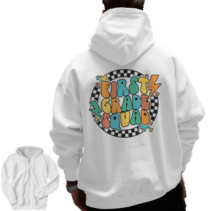 Back To School Groovy Teacher 1st First Grade Crew Squad Men Zip Up Hoodie Back Print