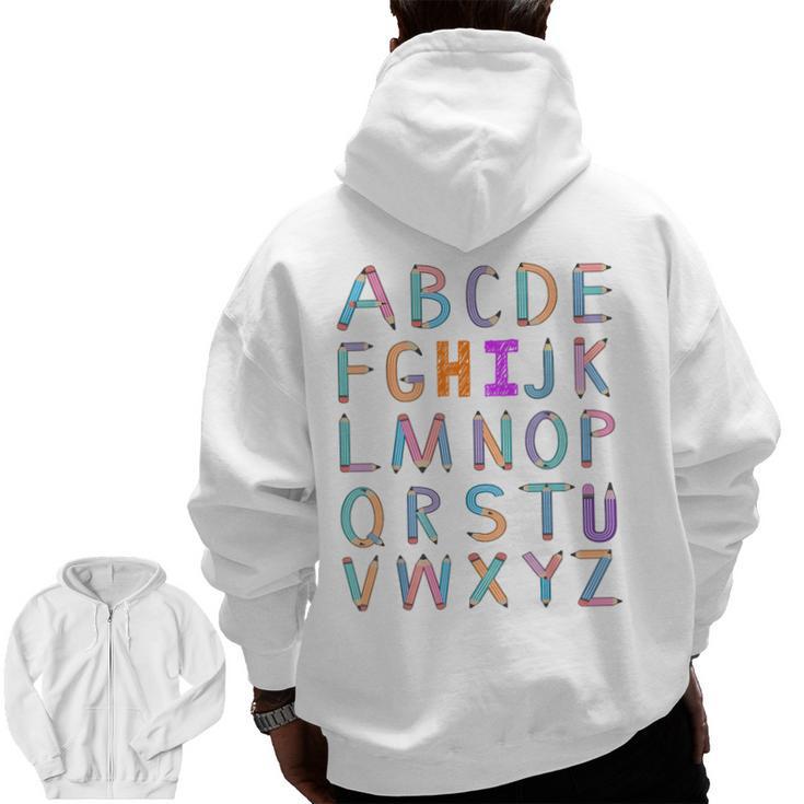 Back To School Kindergarten Alphabet ABC Teacher Women Kids Men Zip Up Hoodie Back Print