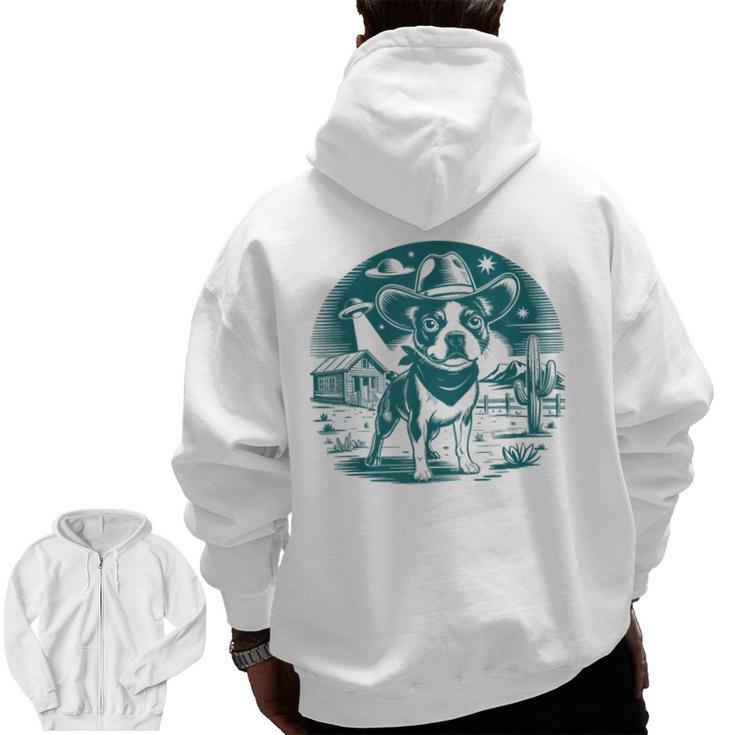Boston Terrier Cowboy UFO Shirt Vintage Western Dog Mom Tee Men Zip Up Hoodie Back Print