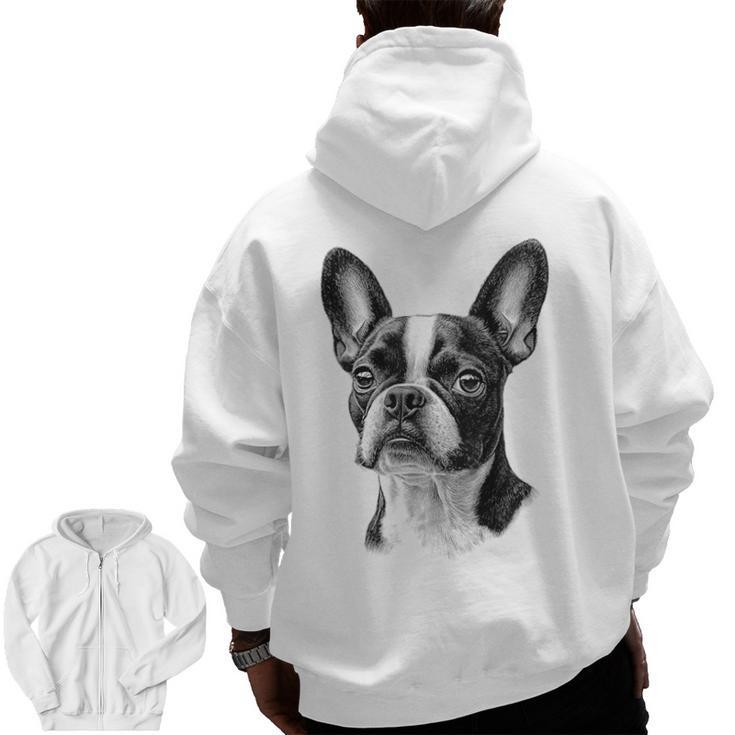 Boston Terrier Dog Motif Pet Illustration Boston Terrier For Men Women Kids Men Zip Up Hoodie Back Print, trending gift