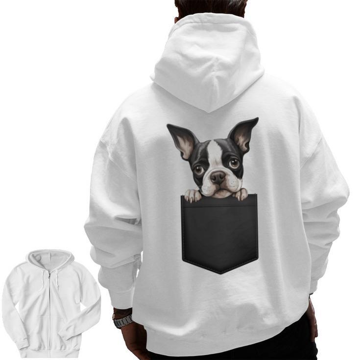 Boston Terrier Dog Puppy Dog In Pocket Cute Pet Lover Men Zip Up Hoodie Back Print