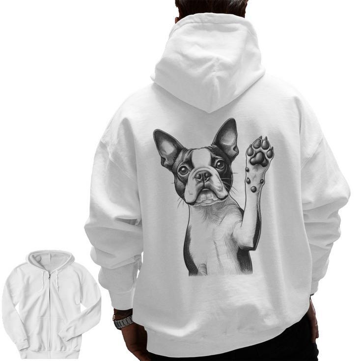 Boston Terrier Dog Raising Paw Idea Men Women Men Zip Up Hoodie Back Print