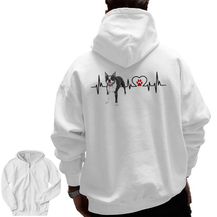 Boston Terrier EKG Heartbeat Heart Line Dog Lovers Men Zip Up Hoodie Back Print