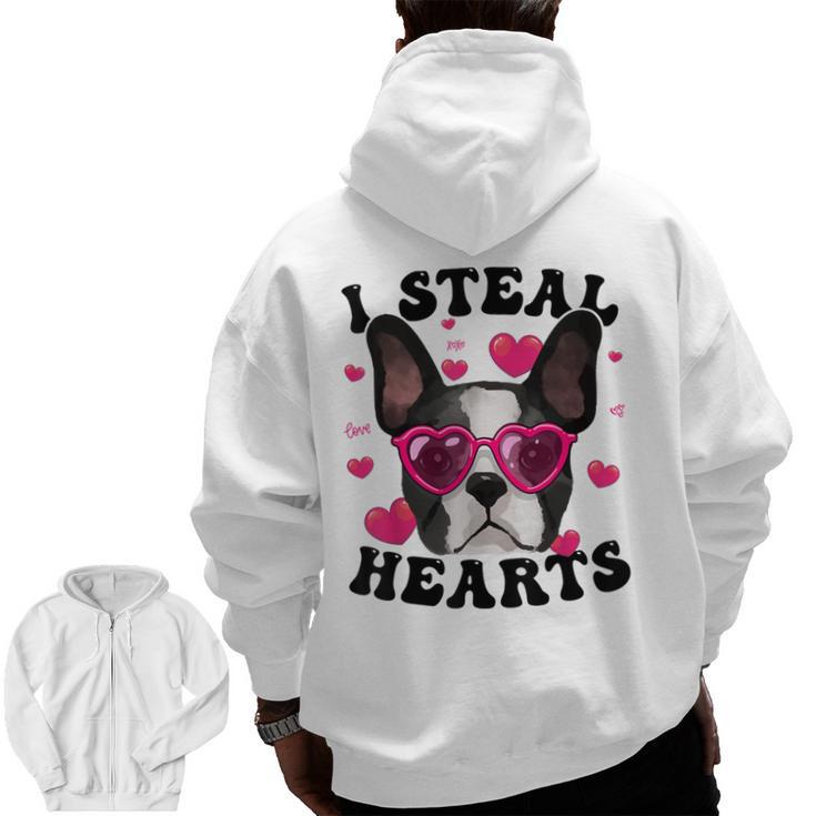 Boston Terrier Heart Glasses Girls Bostie Valentines Day Men Zip Up Hoodie Back Print