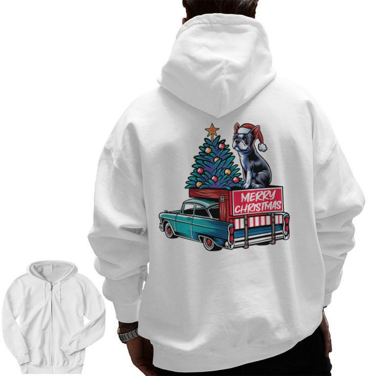 Boston Terrier Merry Christmas Tree Truck Santa Dog X-Mas Men Zip Up Hoodie Back Print