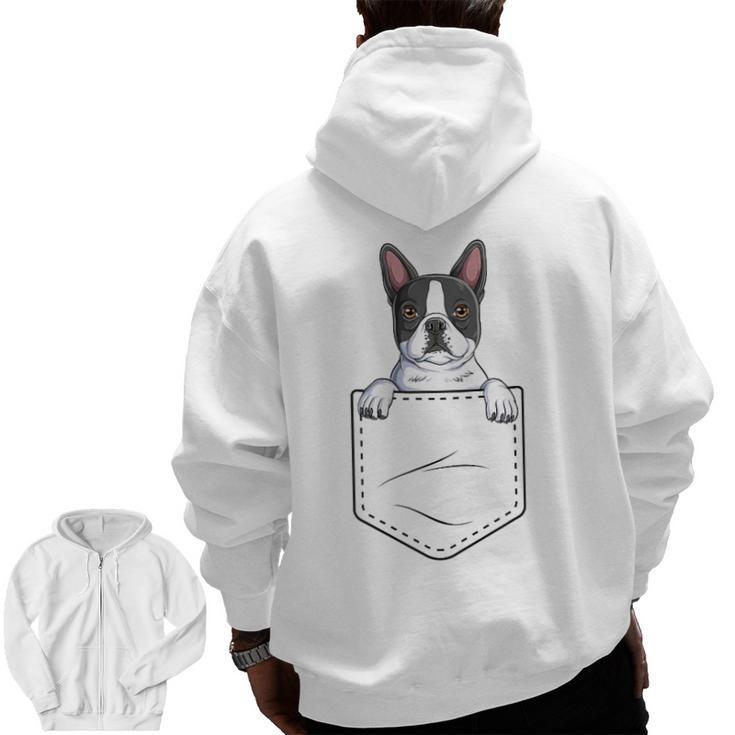 Boston Terrier In The Pocket Cute Boston Terrier Dog Lovers Men Women Girls Kids Men Zip Up Hoodie Back Print