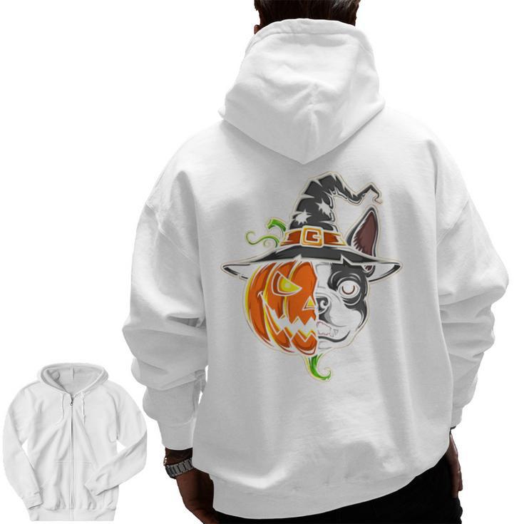 Boston Terrier Pumpkin Jack O Lantern Halloween Men Zip Up Hoodie Back Print