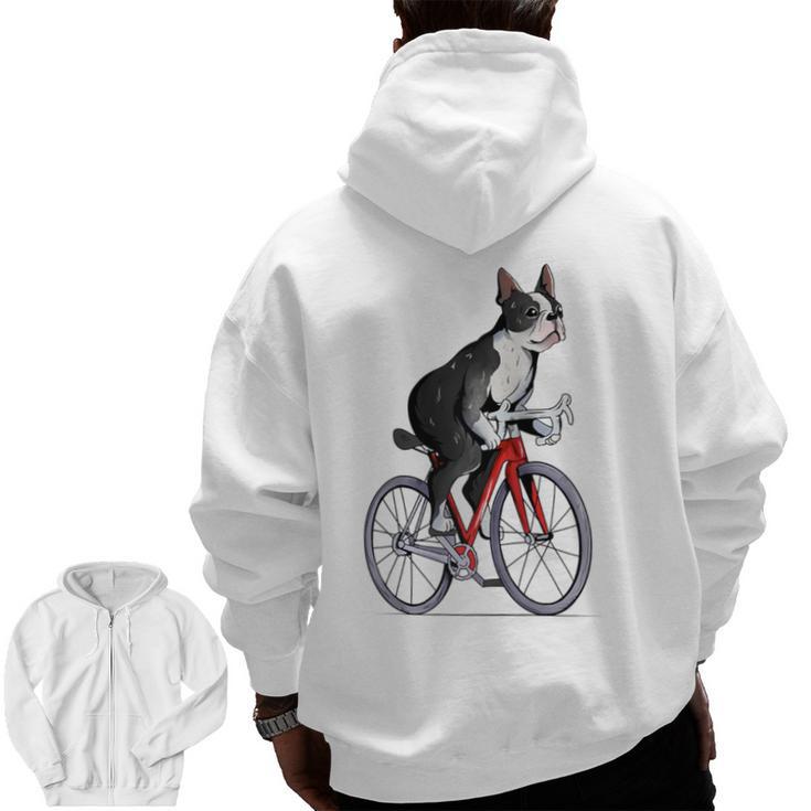 Boston Terrier Riding Bicycle Cute Bostie Biker Raglan Baseball Tee Men Zip Up Hoodie Back Print