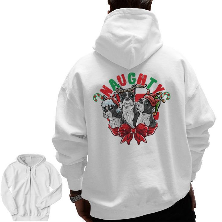 Boston Terrier Santa Claus Elf Reindeer Christmas Dog X-Mas Men Zip Up Hoodie Back Print