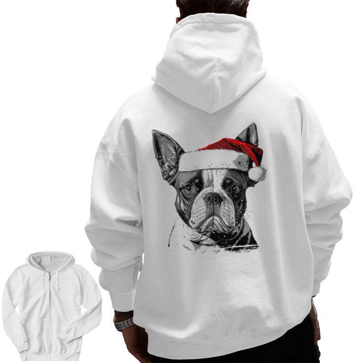 Boston Terrier Santa Claus Hat Merry Christmas Dog X-Mas Men Zip Up Hoodie Back Print, Boston Terrier Christmas Gifts, trending gift