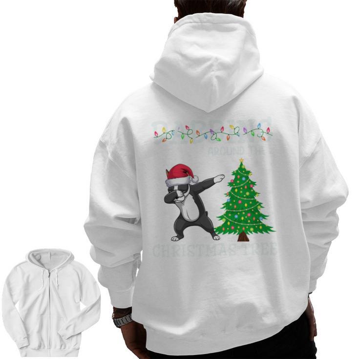 Boston Terrier Santa Hat Dabbing Around The Christmas Tree Men Zip Up Hoodie Back Print