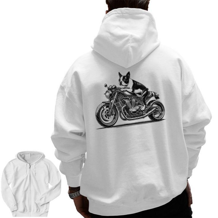 Cool Boston Terrier Riding a Motorcycle Biker Dog Lover For Men Women Kids Men Zip Up Hoodie Back Print
