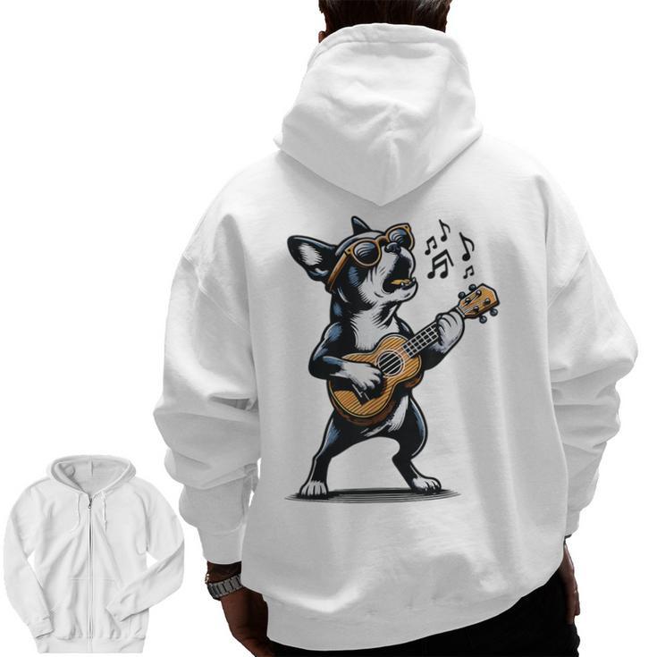 Dog Playing Guitar Singing Boston Terrier  For Men Women Girls Kids Men Zip Up Hoodie Back Print