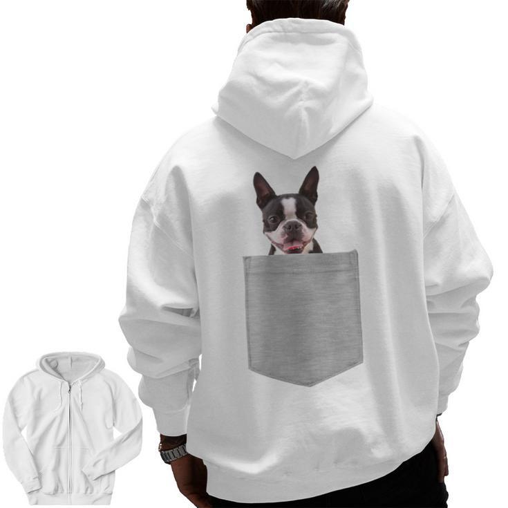 Dog In Your Pocket Boston Terrier For Men Women Girls Kids Men Zip Up Hoodie Back Print