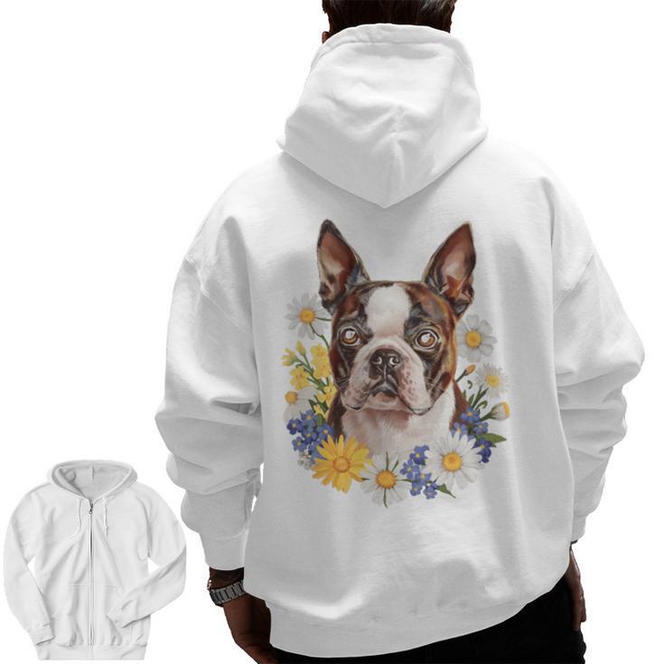 Floral Boston Terrier Men Zip Up Hoodie Back Print