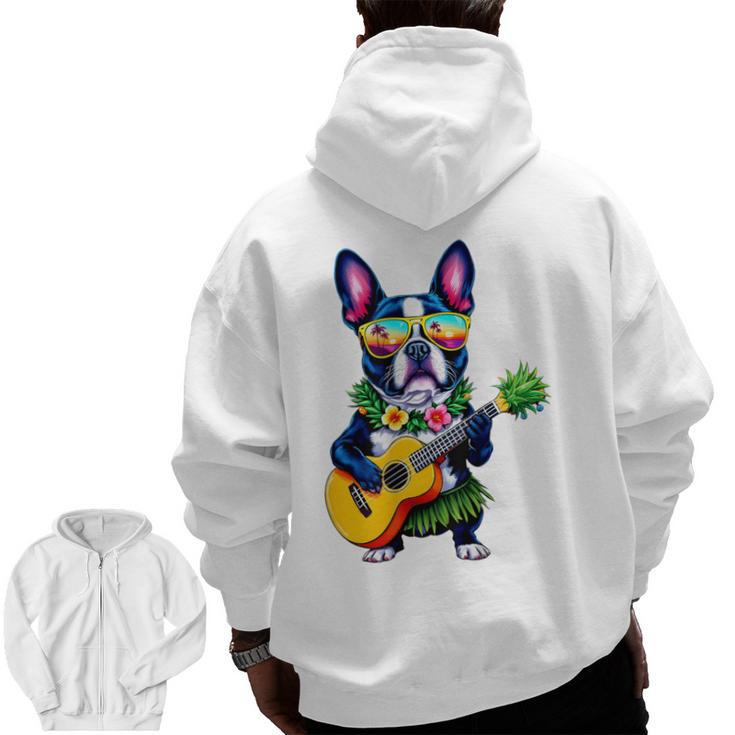 Hawaiian Boston Terrier & Pineapple Ukulele Summer Vacation Men Zip Up Hoodie Back Print