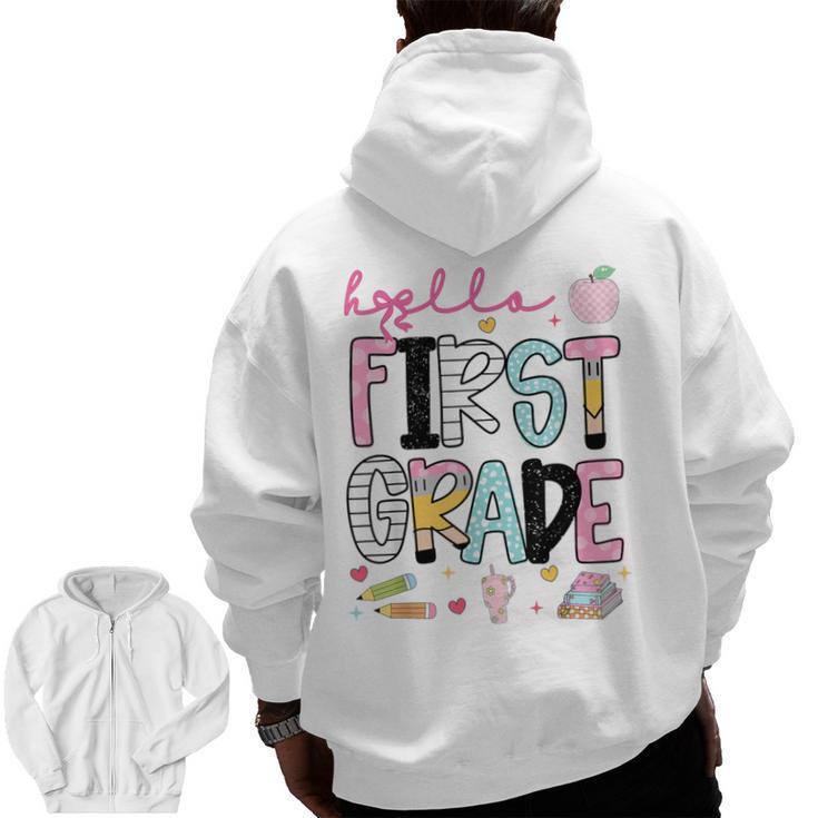 Hello First Grade Teacher Coquette Pencil Bow Back To School Men Zip Up Hoodie Back Print