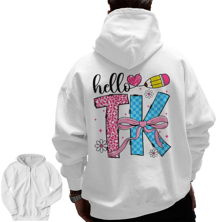 Hello TK Transitional Kindergarten Back To School Teacher Men Zip Up Hoodie Back Print