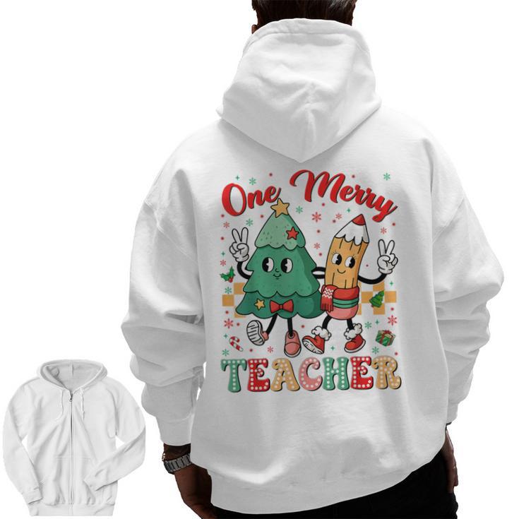 One Merry Teacher Groovy Christmas Tree Pjs Xmas Teacher Men Zip Up Hoodie Back Print