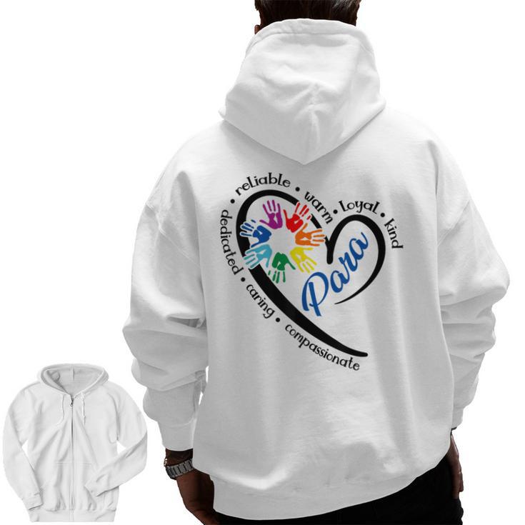 Para Heart Teacher Paraprofessional Paraeducator Men Women Men Zip Up Hoodie Back Print