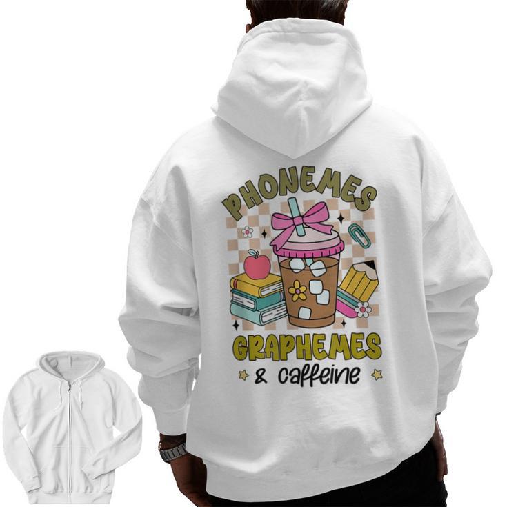 Phonemes Graphemes Caffeine Back To School Reading Teacher Men Zip Up Hoodie Back Print