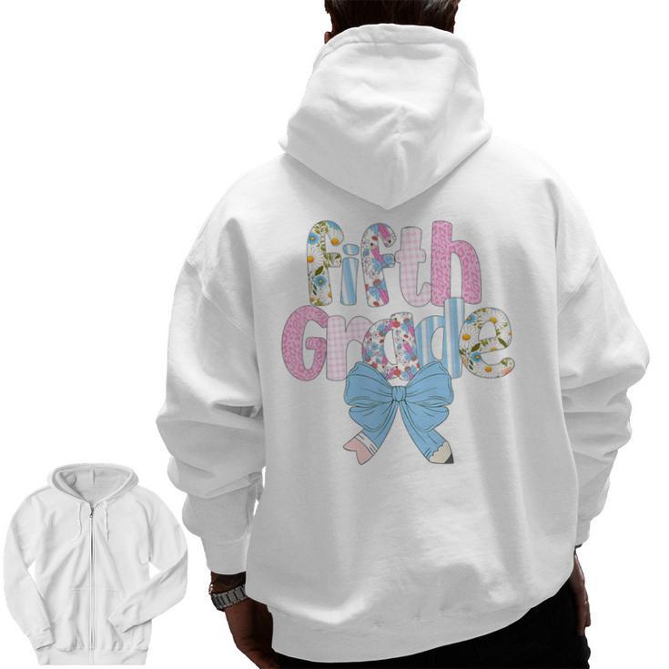 Preppy Fifth Grade Teacher Blue Floral Coquette Pencil Bow Men Zip Up Hoodie Back Print