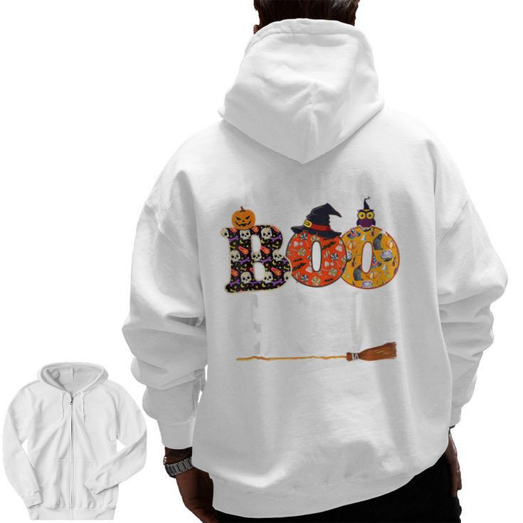 Preschool Boo Crew Teacher Halloween Men Zip Up Hoodie Back Print