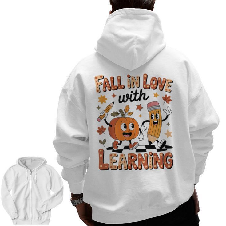 Retro Fall In Love With Learning Autumn Pumpkin Teacher Kids Men Zip Up Hoodie Back Print