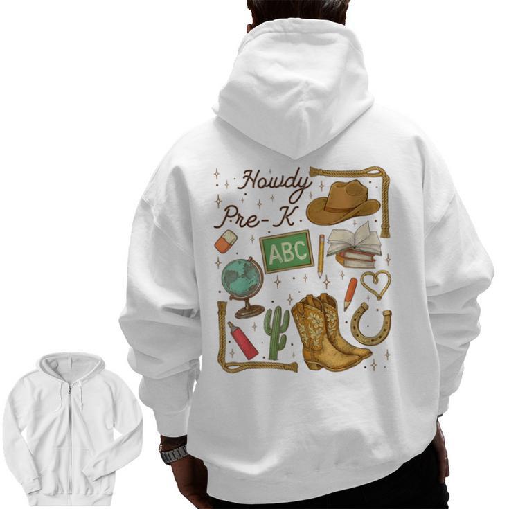 Retro Howdy Pre-K Back To School Western Teacher Men Zip Up Hoodie Back Print
