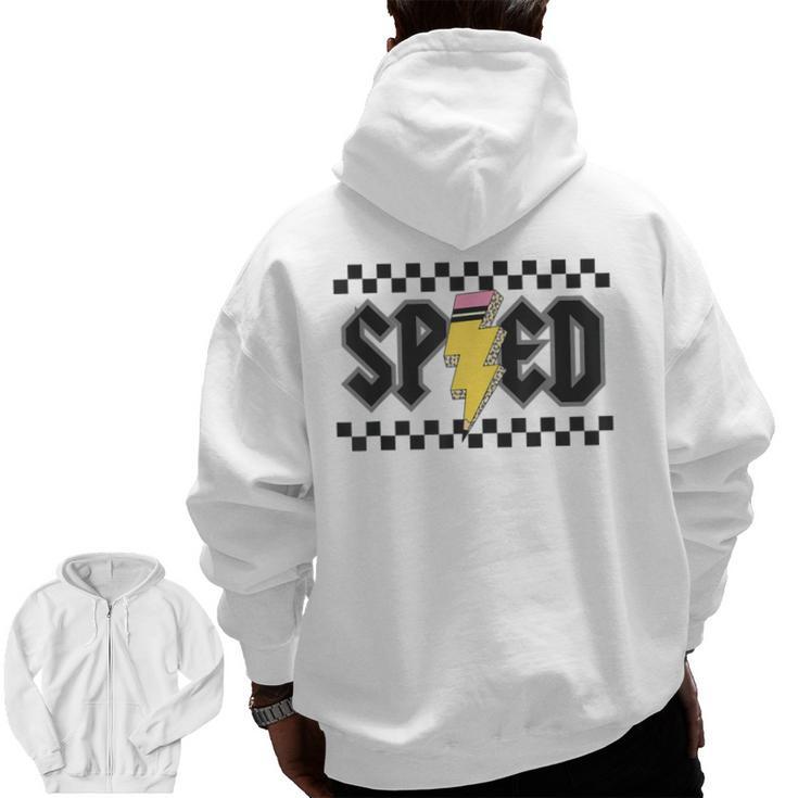 Retro SPED Teacher Pencil Lightning Bolt Back To School Men Zip Up Hoodie Back Print