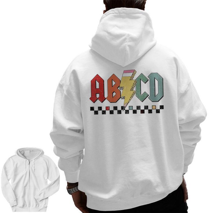 Rock Abcd Back To School Abcd Preschool Teacher Appreciation Men Zip Up Hoodie Back Print