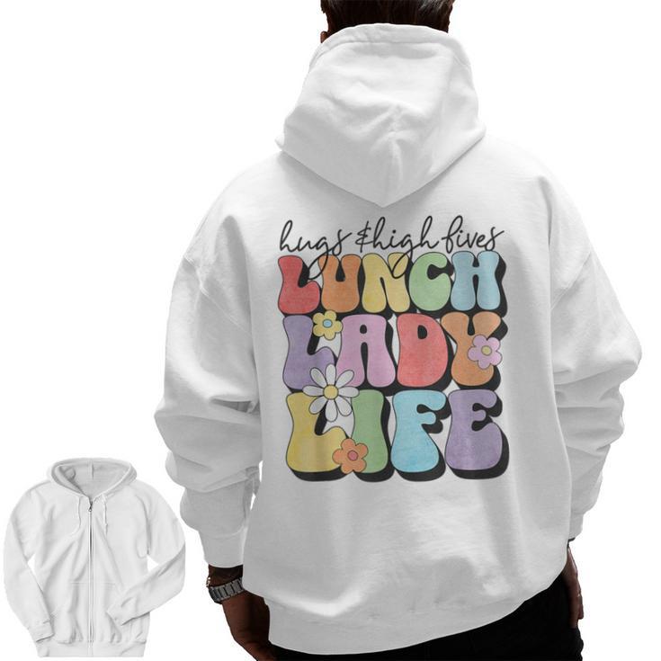 Soul Bleach Teacher Staff First Day Of School Last Hugs & High Fives Lunch Lady Vibes Blue Classic Fit Men Zip Up Hoodie Back Print