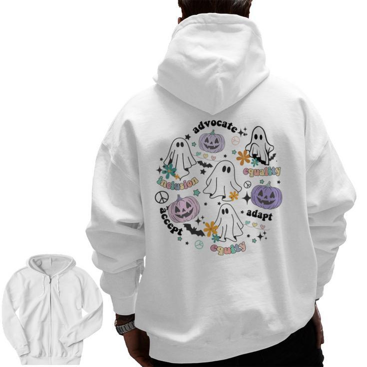 Special Education Teacher Halloween Pumpkin Ghost Inclusion Men Zip Up Hoodie Back Print