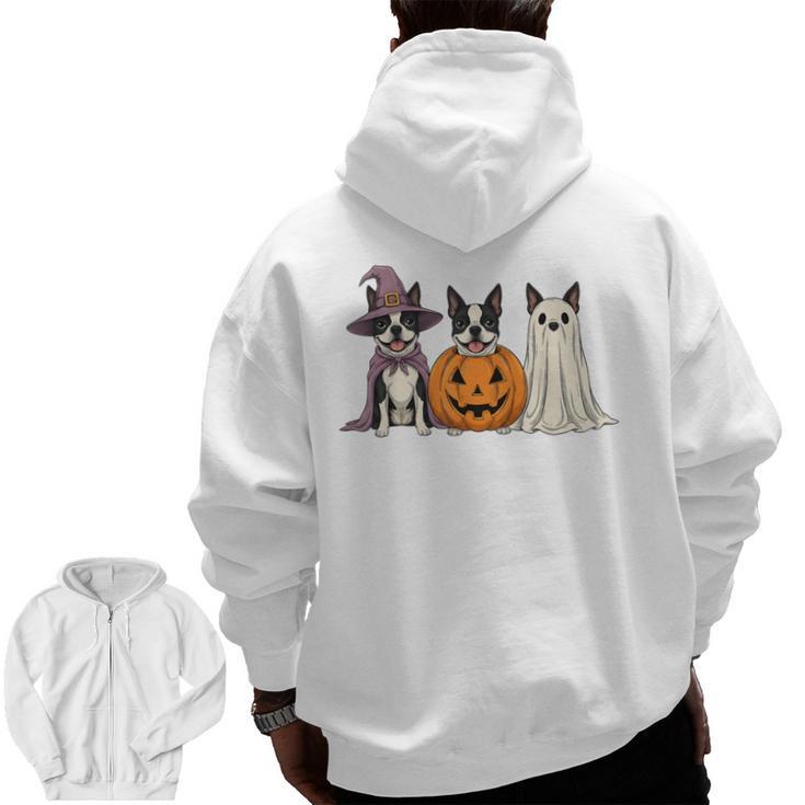 Spooky Ghost Boston Terrier Pumpkin Halloween Dog Lover Men Zip Up Hoodie Back Print