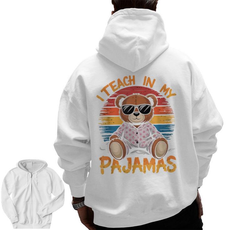 I Teach In My Pajamas Teacher Sunset Bear Retro Men Zip Up Hoodie Back Print