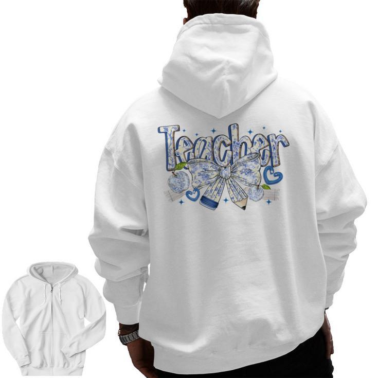 Teacher Blue Chinoiserie Coquette Bow Heart Teacher Life Men Zip Up Hoodie Back Print