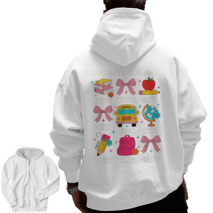 Teacher Christian God Says I Am Faith Religious Bible Verse Men Zip Up Hoodie Back Print