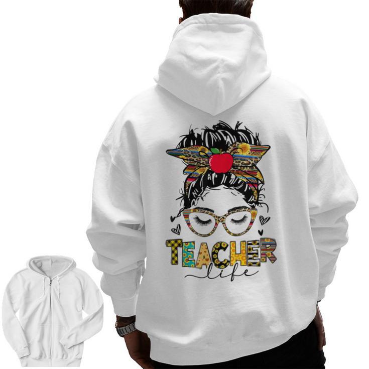 Teacher Life Messy Bun Glasses Leopard Sunflower Men Zip Up Hoodie Back Print