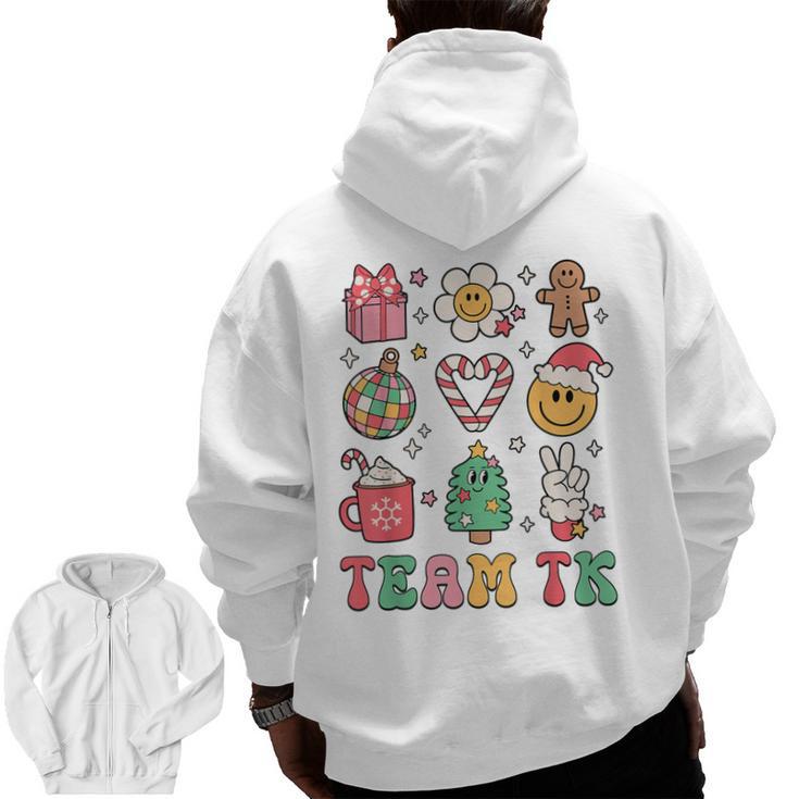 Team TK Teacher Christmas Groovy Smile Face Girl Boy Kid TK Men Zip Up Hoodie Back Print