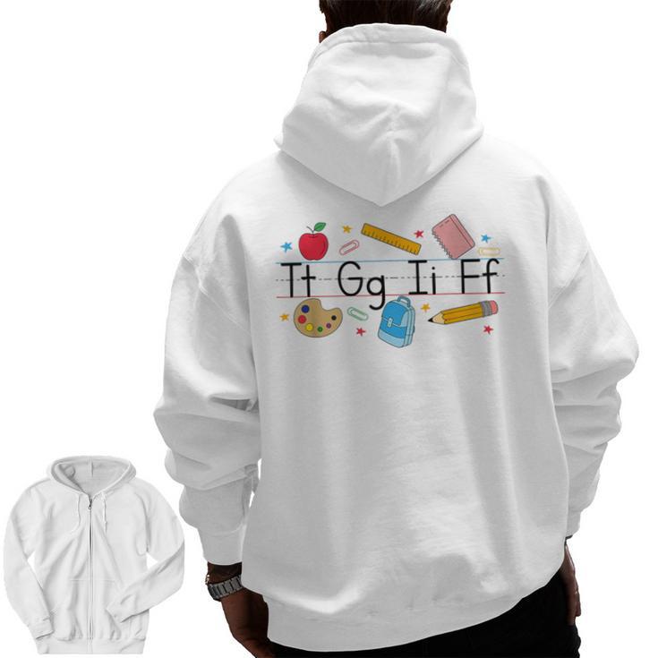 TGIF Teacher Alphabet Kindergarten Teacher Appreciation Men Zip Up Hoodie Back Print