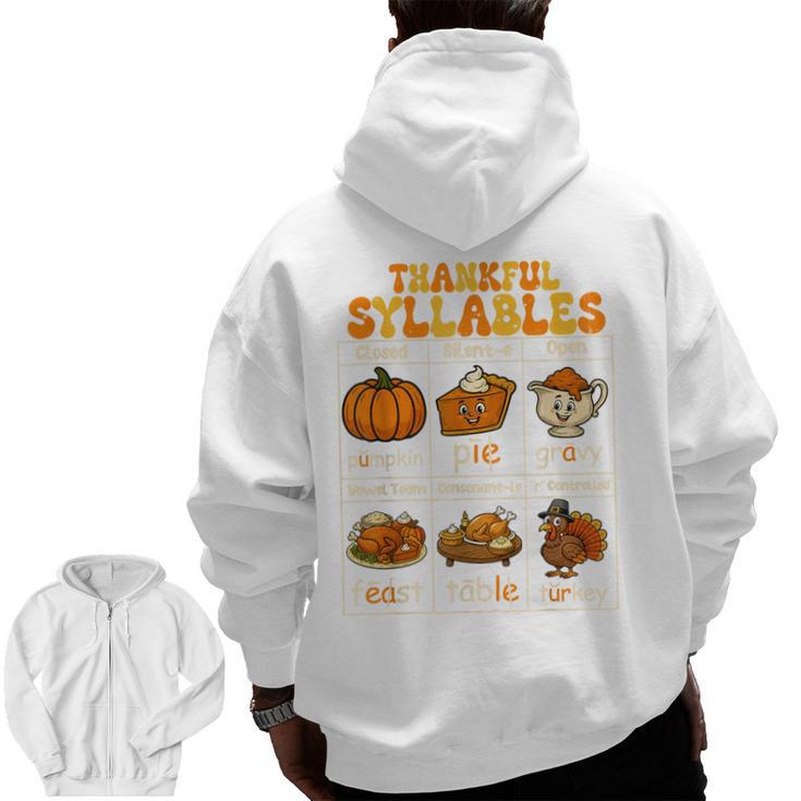 Thankful Syllables Teacher Thanksgiving Educational Kids Men Zip Up Hoodie Back Print
