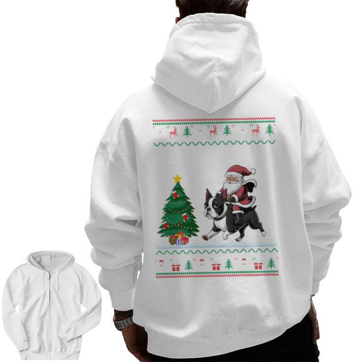 Ugly Christmas Tree Lights Xmas Santa Riding Boston Terrier Men Zip Up Hoodie Back Print