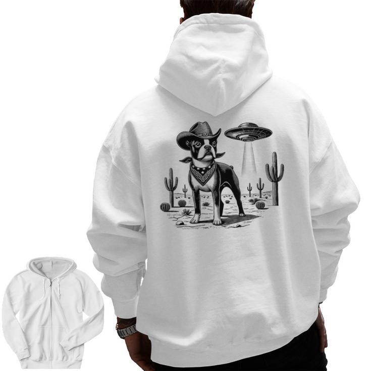 Vintage Boston Terrier UFO Western Wild West Dog Mom Dad Men Zip Up Hoodie Back Print