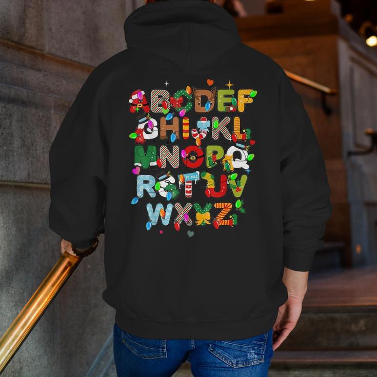 ABCs Learning Kindergarten Teacher Christmas Lights Alphabet For Men Women Kids Men Zip Up Hoodie Back Print, funny gift