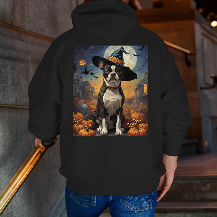 Aesthetic Halloween Boston Terrier Dog Witch Pumpkin For Men Women Kids Men Zip Up Hoodie Back Print, Boston Terrier Halloween Hoodies, funny gift