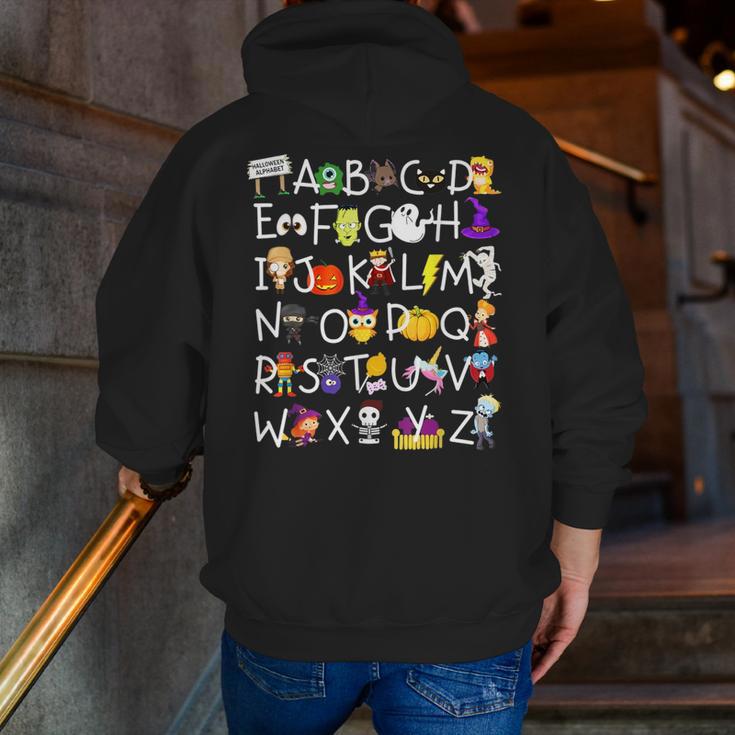 Alphabet ABCs Halloween Characters Kindergarten Teacher Kids Men Zip Up Hoodie Back Print, funny gift