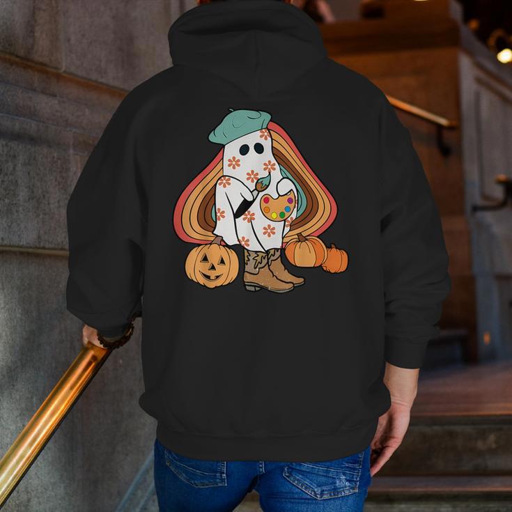 Art Teacher Painting Brushes Retro Pumpkin Ghost Artist Men Zip Up Hoodie Back Print, funny gift