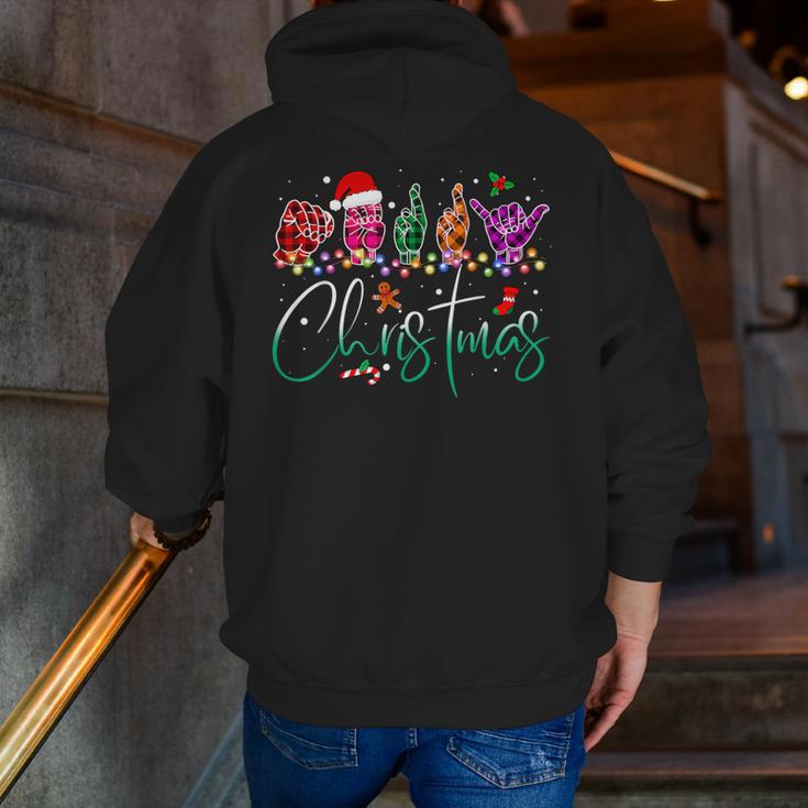 ASL Christmas Buffalo Plaid Teacher American Sign Language Men Zip Up Hoodie Back Print, funny gift